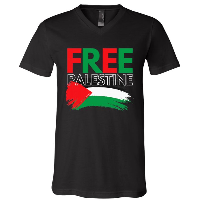 Palestine Free Palestine In Arabic Free Gaza Palestine Flag V-Neck T-Shirt