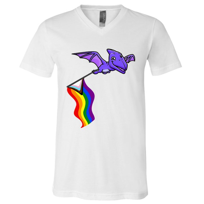 Pride Flag Pterosaur Pterodactyl Rainbow Dinosaur V-Neck T-Shirt