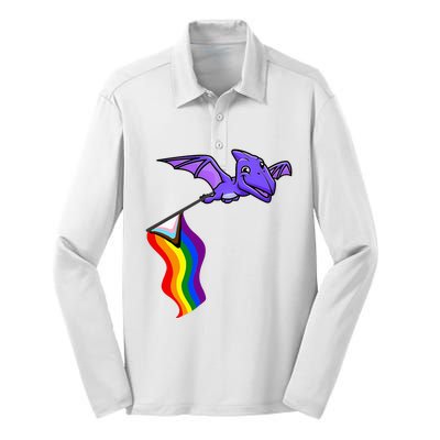 Pride Flag Pterosaur Pterodactyl Rainbow Dinosaur Silk Touch Performance Long Sleeve Polo