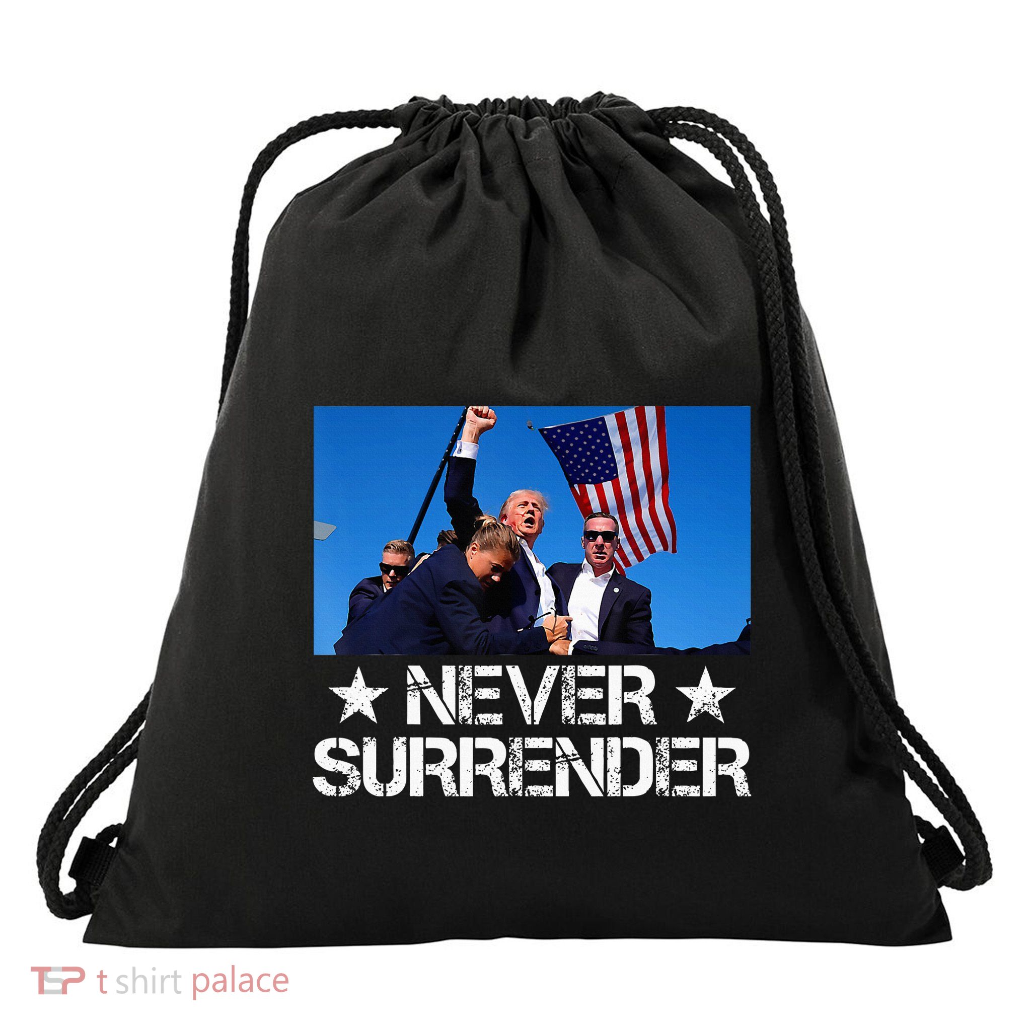 Pray For President Trump Never Surrender God Bless Trump Drawstring Bag