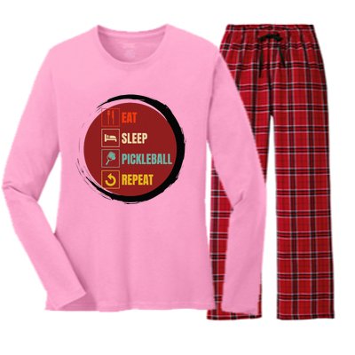 Pickleball Funny Quote Eat Sleep Pickleball Repeat Women's Long Sleeve Flannel Pajama Set 