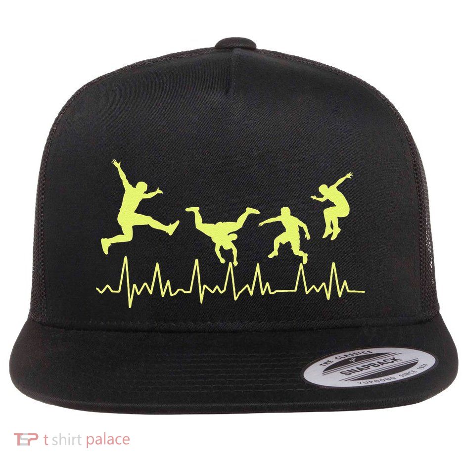 Parkour Free Running Heart Rate Monitor Silhouette Action Flat Bill Trucker Hat