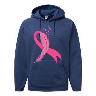 Pink Feather Ribbon Breast Cancer Awareness Gift Performance Fleece Hoodie