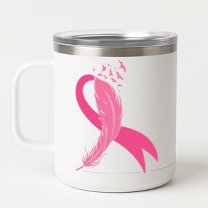 Pink Feather Ribbon Breast Cancer Awareness Gift 12 oz Stainless Steel Tumbler Cup