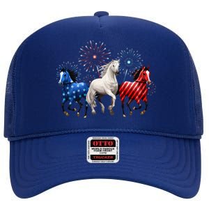 Patriotic Firework Red White Blue Horse Usa Flag July 4th High Crown Mesh Back Trucker Hat