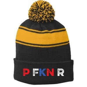 P FKN R Puerto Rico Fan Funny Meme Spanish Music Urban Slang Stripe Pom Pom Beanie