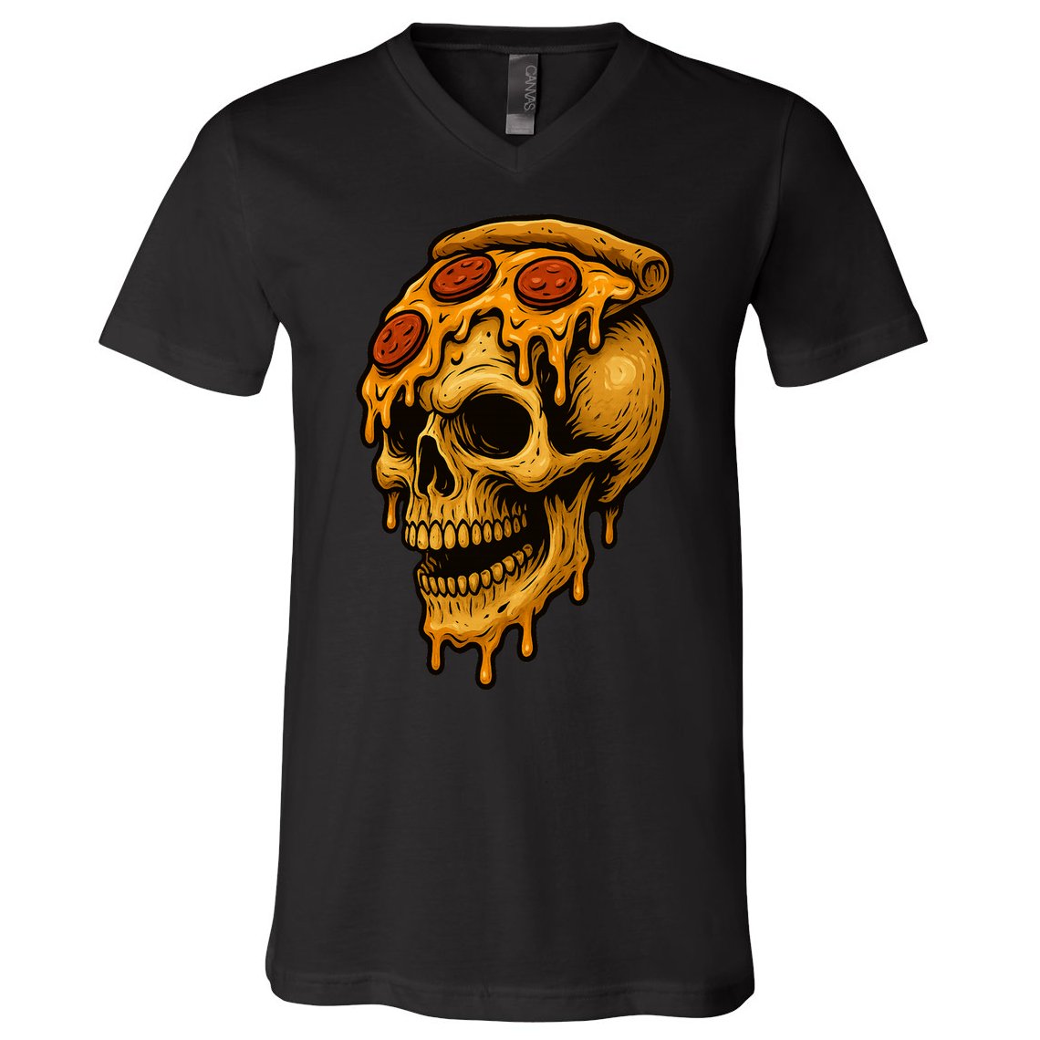Pizza Food Skull Horror V-Neck T-Shirt