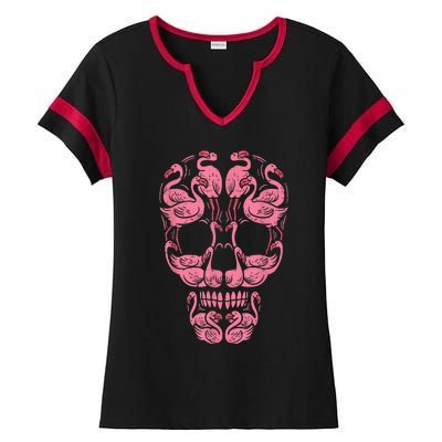 Pink Flamingo Skull Breast Cancer Awareness Halloween Women Ladies Halftime Notch Neck Tee