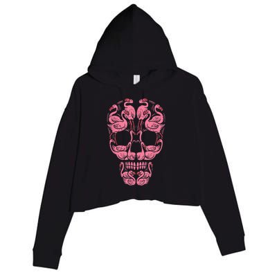 Pink Flamingo Skull Breast Cancer Awareness Halloween Women Crop Fleece Hoodie