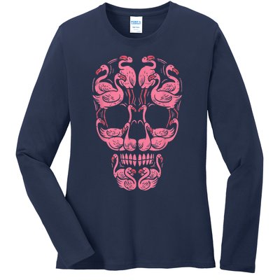 Pink Flamingo Skull Breast Cancer Awareness Halloween Women Ladies Long Sleeve Shirt