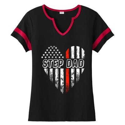 Proud Firefighter Step Dad American Flag Heart Gift Ladies Halftime Notch Neck Tee