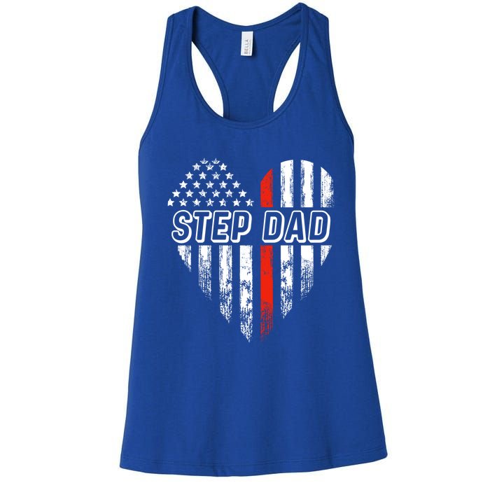 Proud Firefighter Step Dad American Flag Heart Gift Women's Racerback Tank