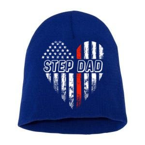 Proud Firefighter Step Dad American Flag Heart Gift Short Acrylic Beanie