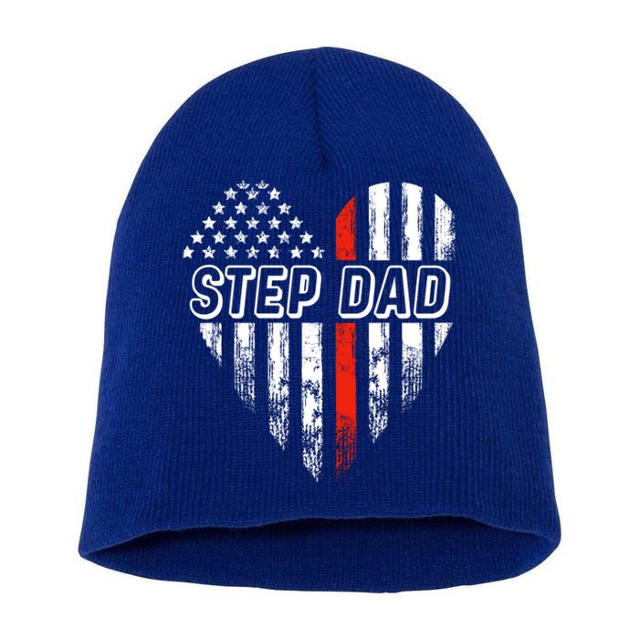 Proud Firefighter Step Dad American Flag Heart Gift Short Acrylic Beanie