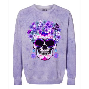 Purple Floral Sugar Skull Day Of Dead Bone Head Butterfly Colorblast Crewneck Sweatshirt