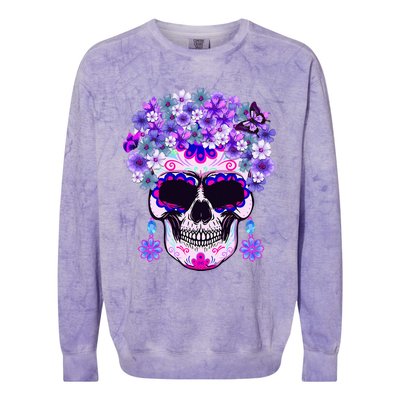 Purple Floral Sugar Skull Day Of Dead Bone Head Butterfly Colorblast Crewneck Sweatshirt