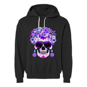 Purple Floral Sugar Skull Day Of Dead Bone Head Butterfly Garment-Dyed Fleece Hoodie