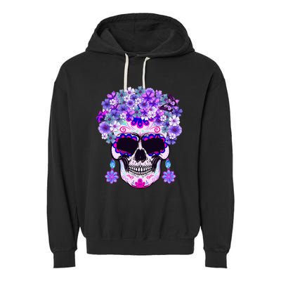 Purple Floral Sugar Skull Day Of Dead Bone Head Butterfly Garment-Dyed Fleece Hoodie