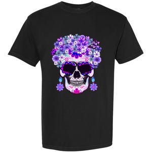 Purple Floral Sugar Skull Day Of Dead Bone Head Butterfly Garment-Dyed Heavyweight T-Shirt