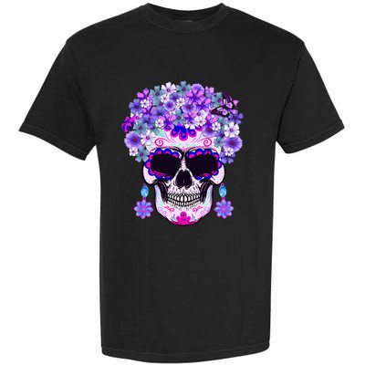 Purple Floral Sugar Skull Day Of Dead Bone Head Butterfly Garment-Dyed Heavyweight T-Shirt