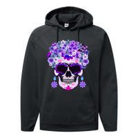 Purple Floral Sugar Skull Day Of Dead Bone Head Butterfly Performance Fleece Hoodie