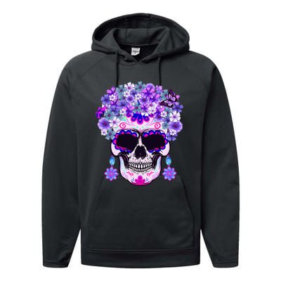 Purple Floral Sugar Skull Day Of Dead Bone Head Butterfly Performance Fleece Hoodie