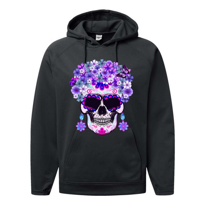 Purple Floral Sugar Skull Day Of Dead Bone Head Butterfly Performance Fleece Hoodie