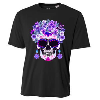 Purple Floral Sugar Skull Day Of Dead Bone Head Butterfly Cooling Performance Crew T-Shirt