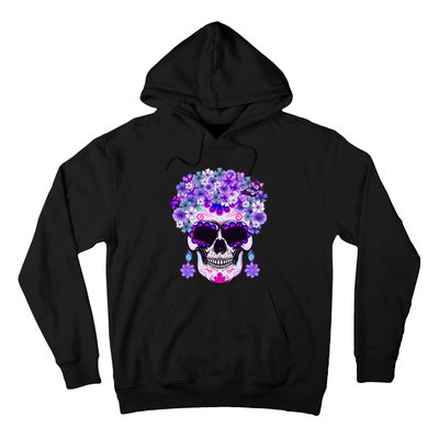 Purple Floral Sugar Skull Day Of Dead Bone Head Butterfly Hoodie