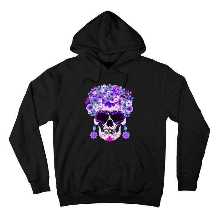 Purple Floral Sugar Skull Day Of Dead Bone Head Butterfly Hoodie