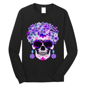 Purple Floral Sugar Skull Day Of Dead Bone Head Butterfly Long Sleeve Shirt