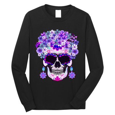 Purple Floral Sugar Skull Day Of Dead Bone Head Butterfly Long Sleeve Shirt