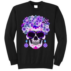 Purple Floral Sugar Skull Day Of Dead Bone Head Butterfly Sweatshirt