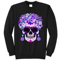 Purple Floral Sugar Skull Day Of Dead Bone Head Butterfly Sweatshirt