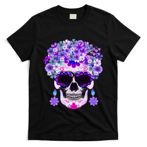 Purple Floral Sugar Skull Day Of Dead Bone Head Butterfly T-Shirt