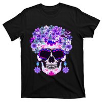 Purple Floral Sugar Skull Day Of Dead Bone Head Butterfly T-Shirt