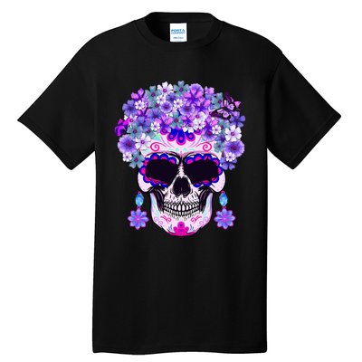 Purple Floral Sugar Skull Day Of Dead Bone Head Butterfly Tall T-Shirt