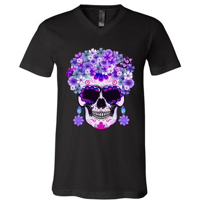 Purple Floral Sugar Skull Day Of Dead Bone Head Butterfly V-Neck T-Shirt