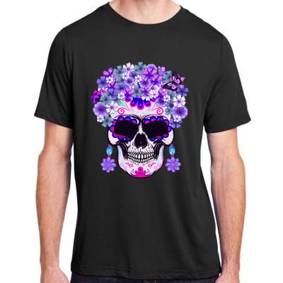 Purple Floral Sugar Skull Day Of Dead Bone Head Butterfly Adult ChromaSoft Performance T-Shirt