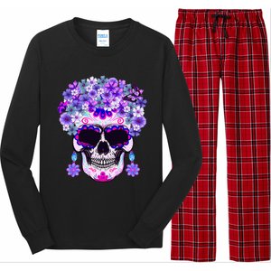 Purple Floral Sugar Skull Day Of Dead Bone Head Butterfly Long Sleeve Pajama Set