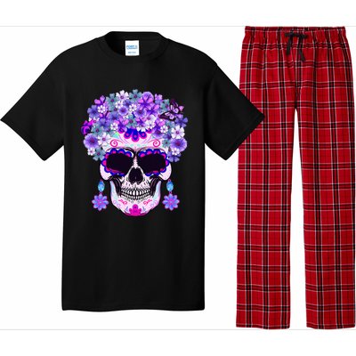 Purple Floral Sugar Skull Day Of Dead Bone Head Butterfly Pajama Set