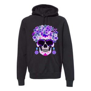 Purple Floral Sugar Skull Day Of Dead Bone Head Butterfly Premium Hoodie