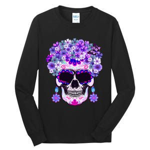 Purple Floral Sugar Skull Day Of Dead Bone Head Butterfly Tall Long Sleeve T-Shirt