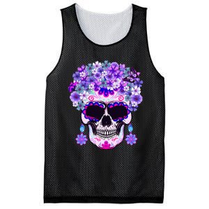 Purple Floral Sugar Skull Day Of Dead Bone Head Butterfly Mesh Reversible Basketball Jersey Tank