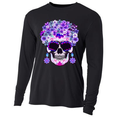 Purple Floral Sugar Skull Day Of Dead Bone Head Butterfly Cooling Performance Long Sleeve Crew