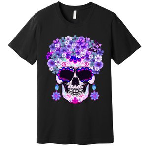 Purple Floral Sugar Skull Day Of Dead Bone Head Butterfly Premium T-Shirt