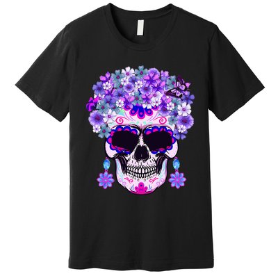 Purple Floral Sugar Skull Day Of Dead Bone Head Butterfly Premium T-Shirt