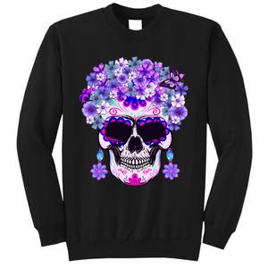 Purple Floral Sugar Skull Day Of Dead Bone Head Butterfly Tall Sweatshirt