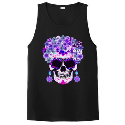 Purple Floral Sugar Skull Day Of Dead Bone Head Butterfly PosiCharge Competitor Tank