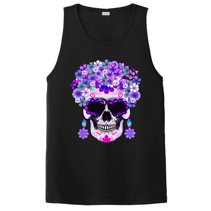 Purple Floral Sugar Skull Day Of Dead Bone Head Butterfly PosiCharge Competitor Tank